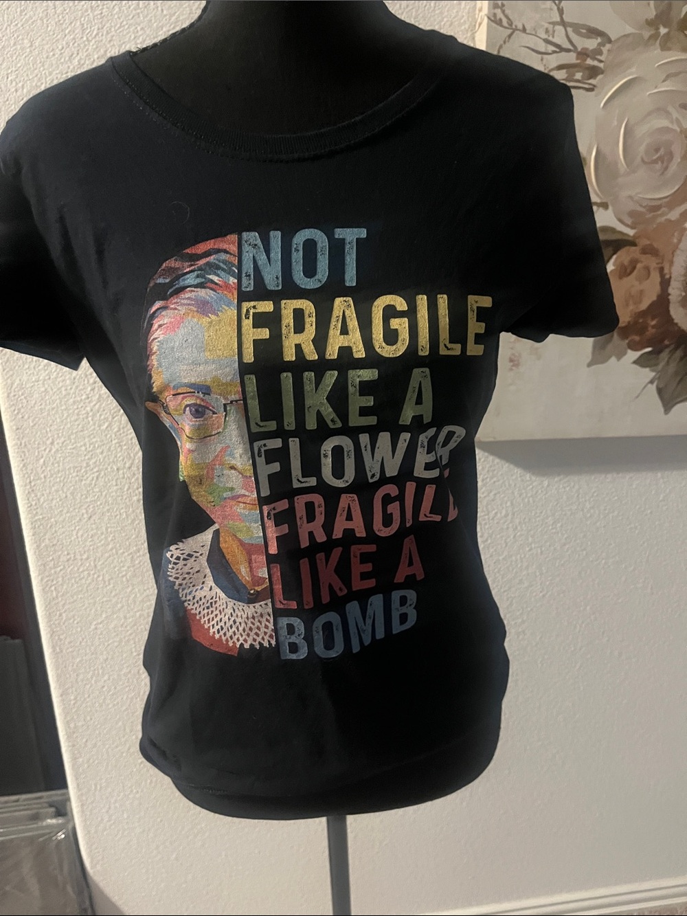 Black Graphic Home Art T-Shirt - 'Not Fragile Like a Flower'